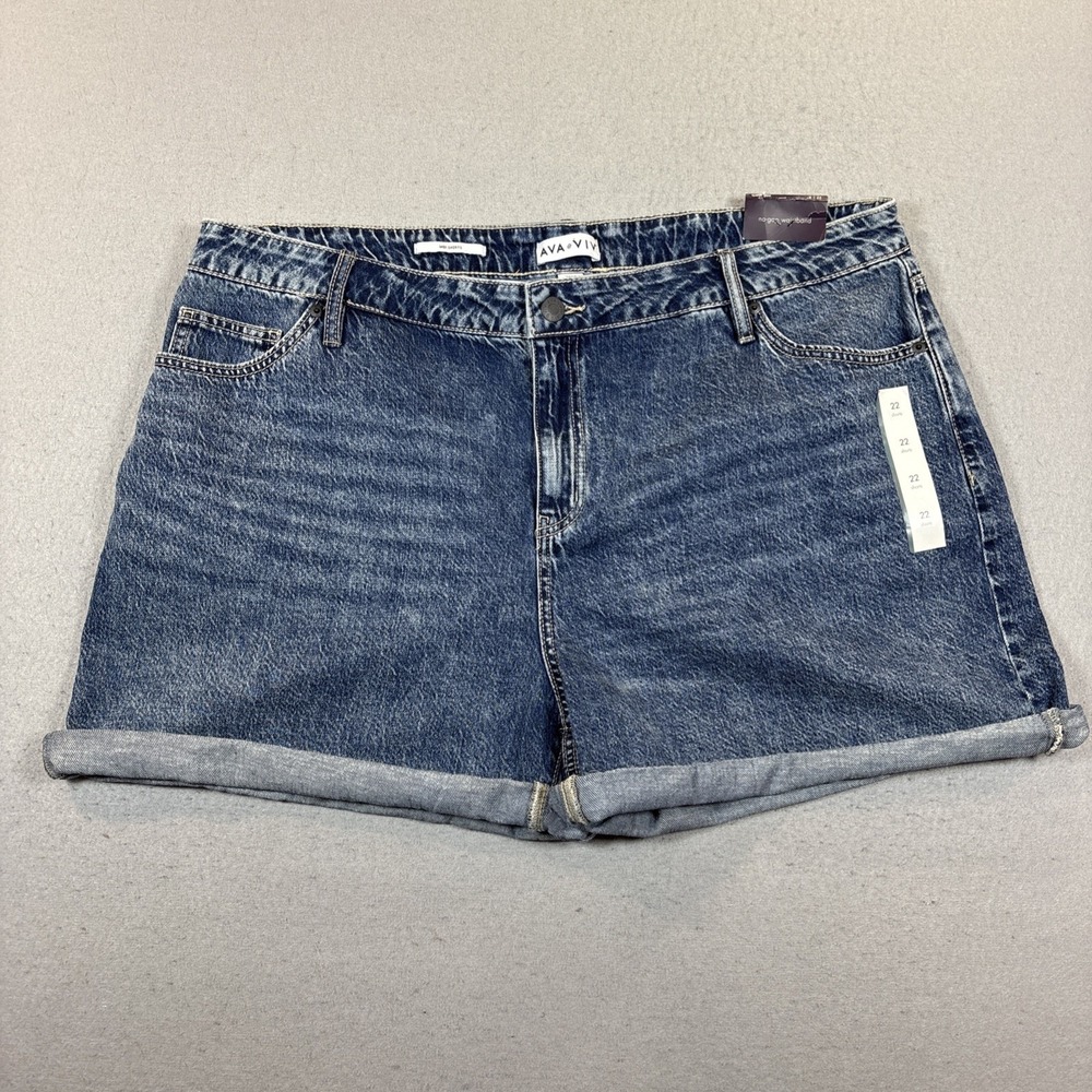 AVA & LIV Women MIdi Short High Rise Relaxed Fit Shorts 22R‎ Blue Denim NWT